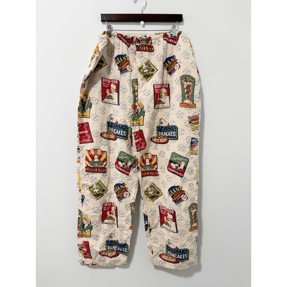Nick & Nora Vintage Diner Print Pajama Pants Cream XL Blue Plate Special Cafe